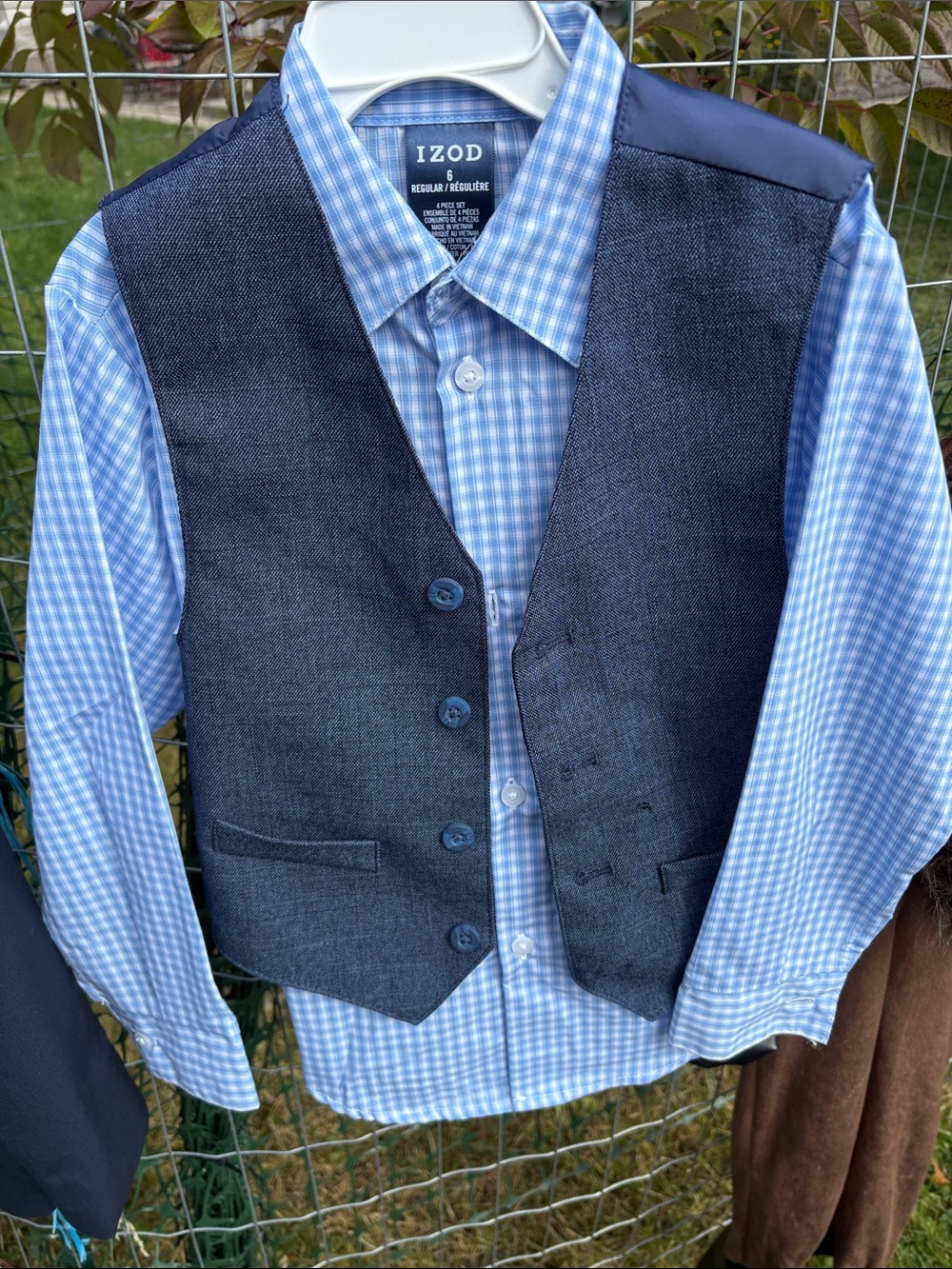 Izod Light Blue Gingham Shirt with Navy Vest